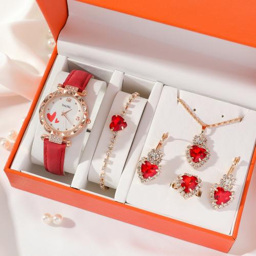 Tibetan Style Jewelry Sets, watch & finger ring & bracelet & earring & necklace, with Quartz & PU Leather & Glass, micro pave cubic zirconia & for woman, more colors for choice, 17*11*8cm single package size, Sold By PC