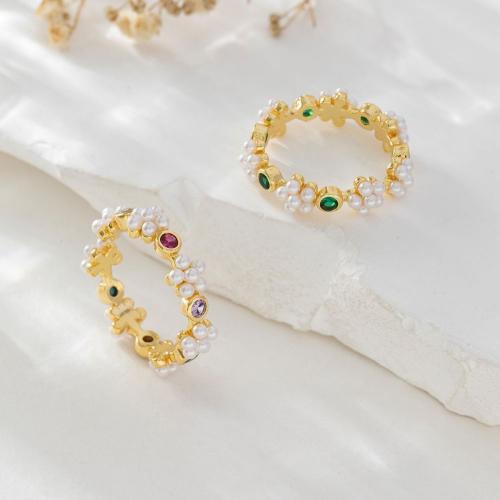 Cúbicos Circonia Micro Pave anillo de latón, metal, con Perlas plásticas, chapado en oro real, micro arcilla de zirconia cúbica & para mujer, más colores para la opción, Vendido por UD