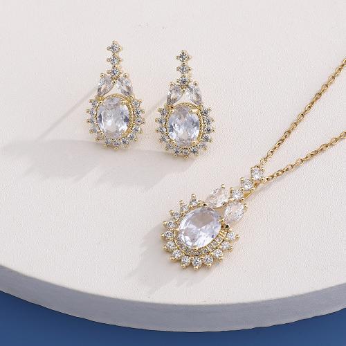 Brass Jewelry Set, earring & necklace, real gold plated, micro pave cubic zirconia & for woman, more colors for choice, Sold By Set