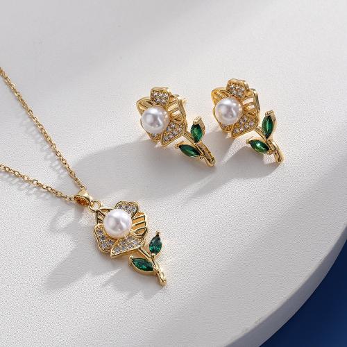 Brass Jewelry Set, Stud Earring & necklace, with Plastic Pearl, Flower, real gold plated, micro pave cubic zirconia & for woman, golden, Sold By Set