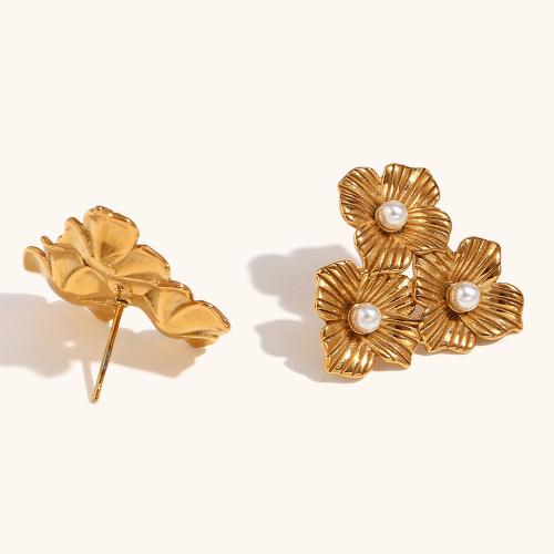 Stainless Steel Stud Earrings 316L Stainless Steel with Plastic Pearl petals Vacuum Ion Plating for woman golden Sold By Pair
