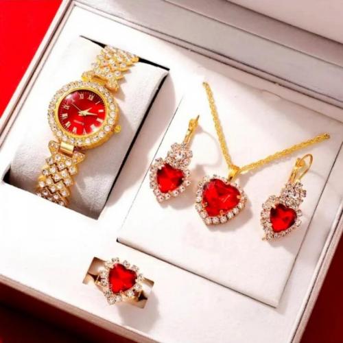 Zinc Alloy Jewelry Sets watch & finger ring & earring & necklace gold color plated 4 pieces & with rhinestone nickel lead & cadmium free Sold By Set