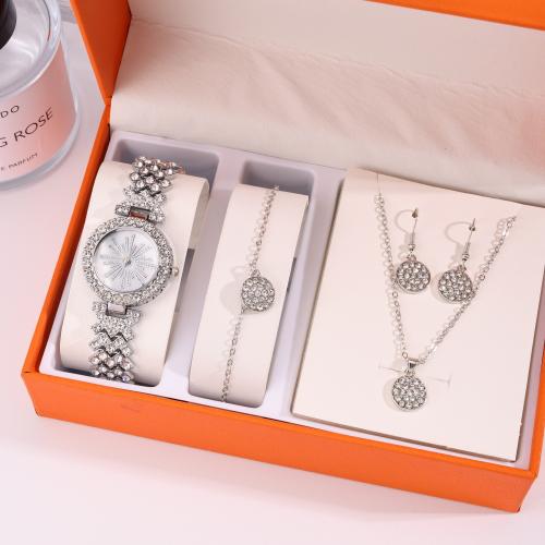 Zinc Alloy Jewelry Sets watch & bracelet & earring & necklace silver color plated 4 pieces & with rhinestone nickel lead & cadmium free Sold By Set