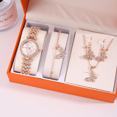 Zinc Alloy Jewelry Sets watch & bracelet & earring & necklace gold color plated 4 pieces & with rhinestone nickel lead & cadmium free Sold By Set