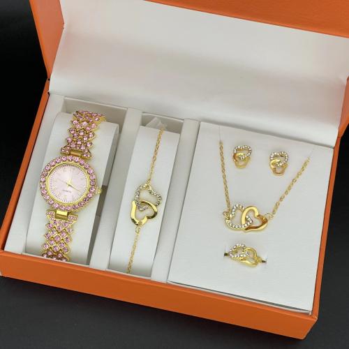 Tibetan Style Jewelry Sets, Stud Earring & watch & finger ring & bracelet & necklace, gold color plated, 5 pieces & different styles for choice & with rhinestone, more colors for choice, nickel, lead & cadmium free, 165x70x110mm, Sold By Set