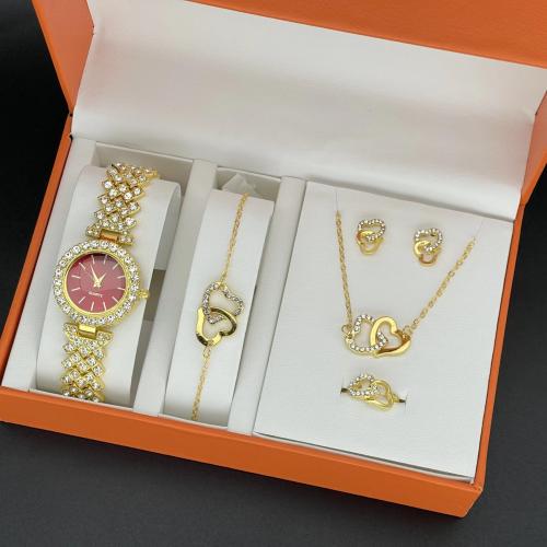 Zinc Alloy Jewelry Sets watch & bracelet & earring & necklace gold color plated 4 pieces & enamel & with rhinestone nickel lead & cadmium free Sold By Set