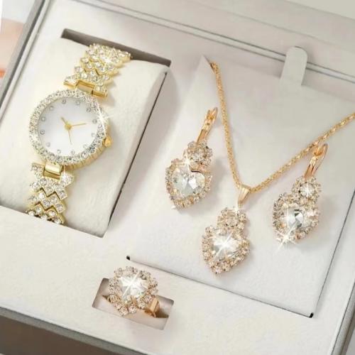 Zinc Alloy Jewelry Sets watch & finger ring & earring & necklace gold color plated 5 pieces & with rhinestone nickel lead & cadmium free Sold By Set