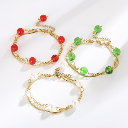 Stainless Steel Jewelry Bracelet, 304 Stainless Steel, with Glass Beads, gold color plated, Double Layer & fashion jewelry & for woman, more colors for choice, nickel, lead & cadmium free, Length:Approx 160 mm, Sold By PC