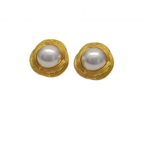 Brass Stud Earring with Plastic Pearl 18K gold plated fashion jewelry & for woman nickel lead & cadmium free Sold By Pair