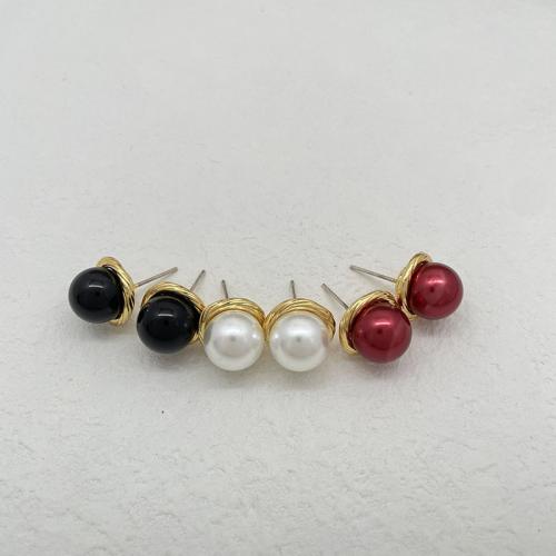 Brass Stud Earring with Plastic Pearl 18K gold plated fashion jewelry & for woman nickel lead & cadmium free Sold By Pair