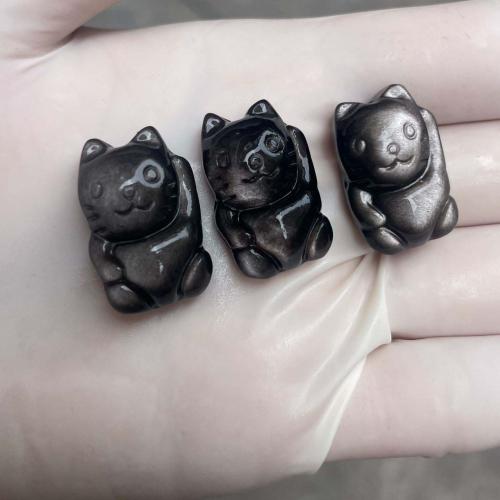 Gemstone Jewelry Beads, Silver Obsidian, Fortune Cat, DIY, black, 14x21.50mm, Sold By PC