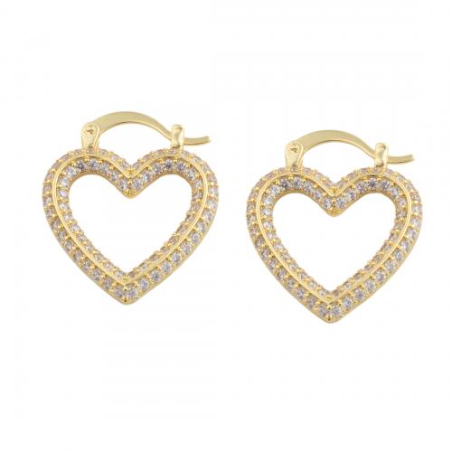 Cubic Zirconia Micro Pave Brass Earring, Heart, 14K gold plated, fashion jewelry & micro pave cubic zirconia & for woman, nickel, lead & cadmium free, 25.50x21.50x3mm, Inner Diameter:Approx 15mm, Sold By Pair