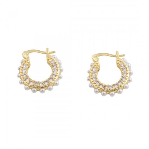 Cubic Zirconia Micro Pave Brass Earring, with Plastic Pearl, 14K gold plated, fashion jewelry & micro pave cubic zirconia & for woman, nickel, lead & cadmium free, 20.50x19.50x3.50mm, Inner Diameter:Approx 10mm, Sold By Pair
