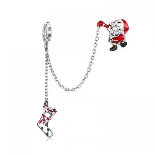 925 Sterling Silver European Safety Chain Christmas Design & DIY & micro pave cubic zirconia & enamel nickel lead & cadmium free 50mm Sold By PC
