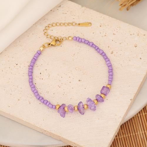 Gemstone Bracelets, Natural Stone, with Seedbead & 304 Stainless Steel, with 5cm extender chain, handmade, fashion jewelry & for woman, more colors for choice, Length:Approx 18 cm, Sold By PC