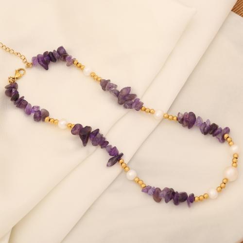 Natural Gemstone Necklace, Natural Stone, with Plastic Pearl & 304 Stainless Steel, with 5cm extender chain, handmade, fashion jewelry & for woman, more colors for choice, Length:Approx 40 cm, Sold By PC
