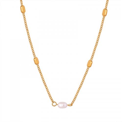 Titanstahl Halskette, mit Natürliche kultivierte Süßwasserperlen, mit Verlängerungskettchen von 5cm, 18K vergoldet, Modeschmuck & für Frau, goldfarben, 5mm, Länge:ca. 38 cm, verkauft von PC