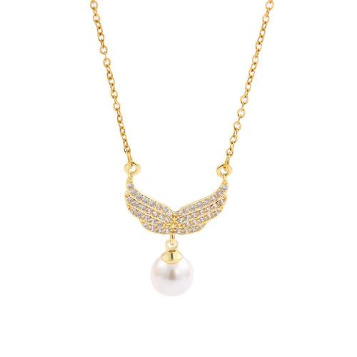 Titanium Steel Necklace, with Plastic Pearl & Brass, with 5cm extender chain, Vacuum Ion Plating, fashion jewelry & for woman & with rhinestone, golden, Length:Approx 40 cm, Sold By PC