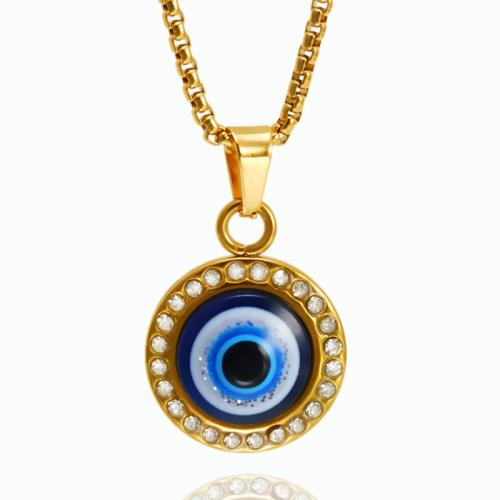 Evil Eye Jewelry Necklace, 304 Stainless Steel, with 5CM extender chain, Round, plated, fashion jewelry & evil eye pattern & enamel & with rhinestone, more colors for choice, 18x22mm, Length:45 cm, Sold By PC
