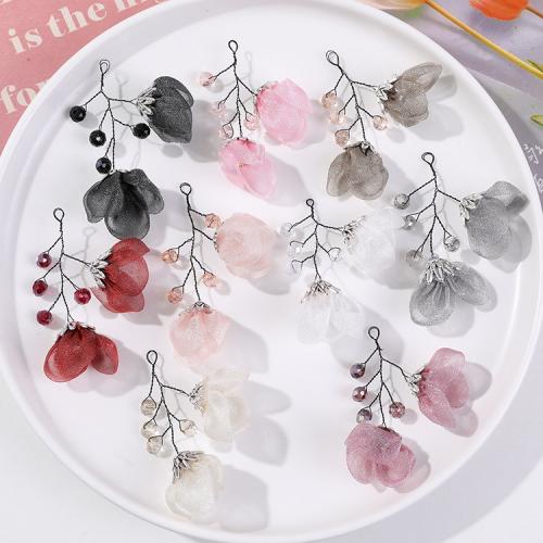 Hair Accessories DIY Findings, Gauze, with brass wire & Crystal, Flower, more colors for choice, 65x44mm, Sold By PC