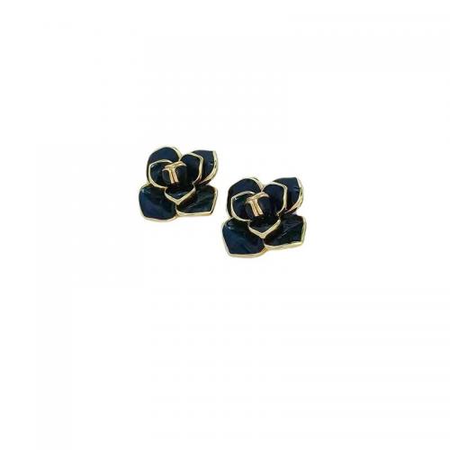 Brass Stud Earring, Flower, 18K gold plated, fashion jewelry & for woman & enamel, black, nickel, lead & cadmium free, 15mm, Sold By Pair