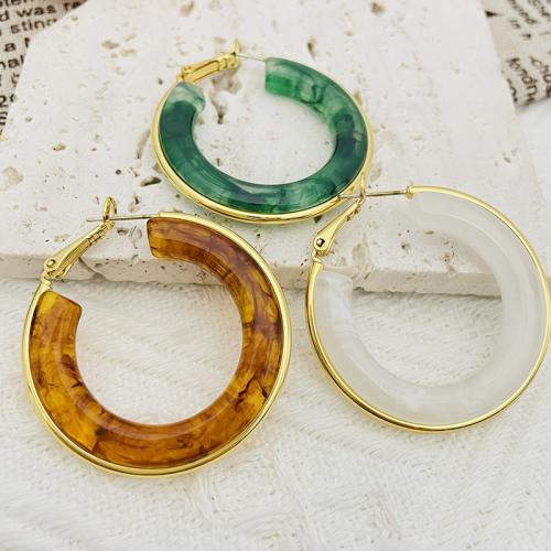 Brass Hoop Earring, with Acrylic, 18K gold plated, fashion jewelry & for woman, more colors for choice, nickel, lead & cadmium free, 39x39mm, Sold By Pair