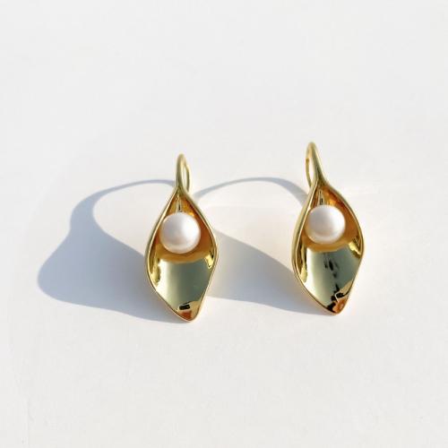 Brass Drop Earring, with Plastic Pearl, 18K gold plated, fashion jewelry & for woman, nickel, lead & cadmium free, 37x14mm, Sold By Pair