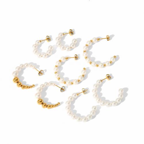 Edelstahl Ohrringe, 304 Edelstahl, mit Kunststoff Perlen, goldfarben plattiert, Modeschmuck & verschiedene Stile für Wahl & für Frau, frei von Nickel, Blei & Kadmium, verkauft von Paar