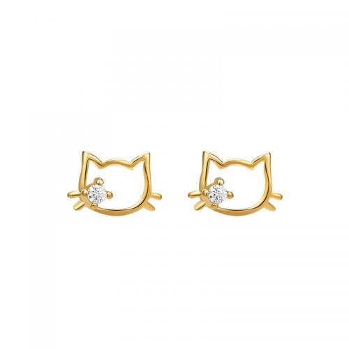 925 Sterling Silver Stud Earring, Cat, plated, for woman & with rhinestone & hollow, more colors for choice, 7.70x5.20mm, Sold By Pair