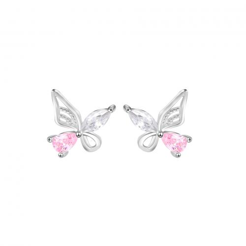 925 Sterling Silver Stud Earring Butterfly platinum plated for woman & with rhinestone & hollow Sold By Pair