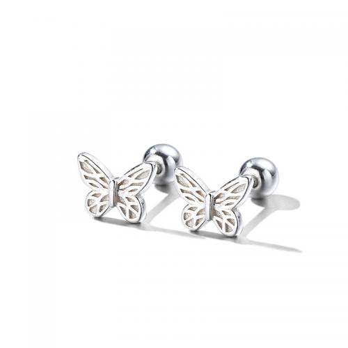 925 Sterling Silver Stud Earring, Butterfly, fashion jewelry & for woman, silver color, 4.60x6.20mm, Sold By Pair