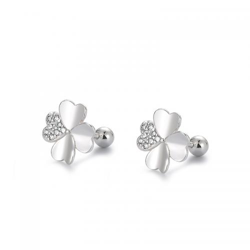 925 Sterling Silver Stud Earring, Four Leaf Clover, for woman & with rhinestone, silver color, 7.50mm, Sold By Pair