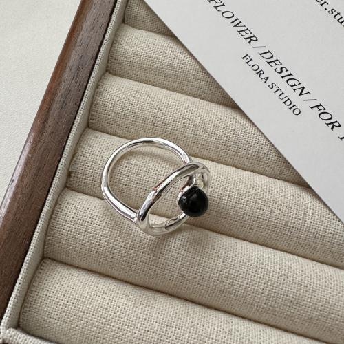 Ezüst ékszer Finger Ring, 925 ezüst, -val Fekete Achát, csiszolt, divat ékszerek & a nő, nikkel, ólom és kadmium mentes, Méret:16, Által értékesített PC