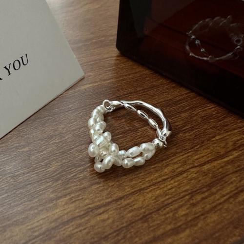 Solidny srebrny pierścień, 925 Srebro, ze Shell Pearl, Podwójna warstwa & biżuteria moda & elastyczne & dla kobiety, bez zawartości niklu, ołowiu i kadmu, rozmiar:7, sprzedane przez PC