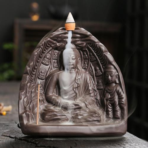 Backflow Incense Burner, Purple Clay, Buddha, half handmade, for home and office & durable & multifunctional, nickel, lead & cadmium free, 147x70x148mm, Sold By PC