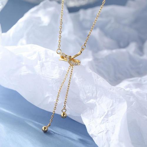 Cubic Zircon Micro Pave Brass Necklace with 1.97inch extender chain Bowknot plated fashion jewelry & micro pave cubic zirconia & for woman nickel lead & cadmium free Length Approx 15.75 Inch Sold By PC