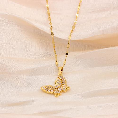 Titanstahl Halskette, mit Messing, mit Verlängerungskettchen von 5cm, Schmetterling, Modeschmuck & Micro pave Zirkonia & für Frau, goldfarben, Länge:ca. 40 cm, verkauft von PC
