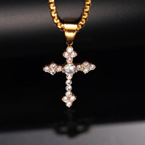 Titanstahl Halskette, Kreuz, Modeschmuck & für den Menschen & mit Strass, goldfarben, Länge:ca. 60 cm, verkauft von PC