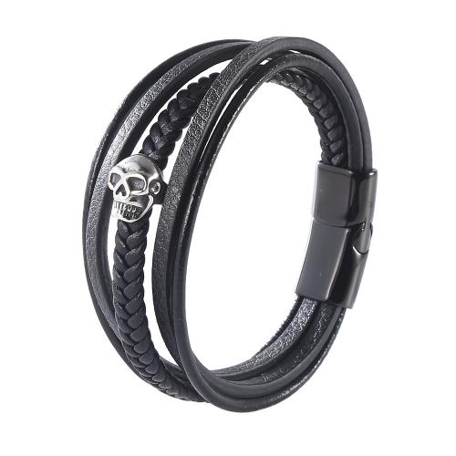 PU Leather Cord Bracelets with 304 Stainless Steel Skull fashion jewelry & for man black Sold By PC