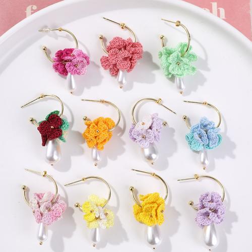 Fluffy Pom Pom Earrings Caddice with ABS Plastic Pearl & Zinc Alloy Flower DIY Sold By PC