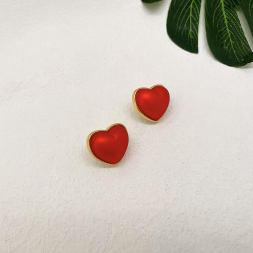Brass Stud Earring with Plastic Pearl Heart 18K gold plated fashion jewelry & for woman red nickel lead & cadmium free Sold By Pair