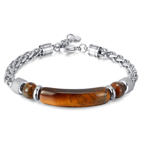 Stainless Steel Jewelry Bracelet, 304 Stainless Steel, with Tiger Eye, with 30mm extender chain, plated, fashion jewelry & for man, more colors for choice, nickel, lead & cadmium free, Length:Approx 195 mm, Sold By PC