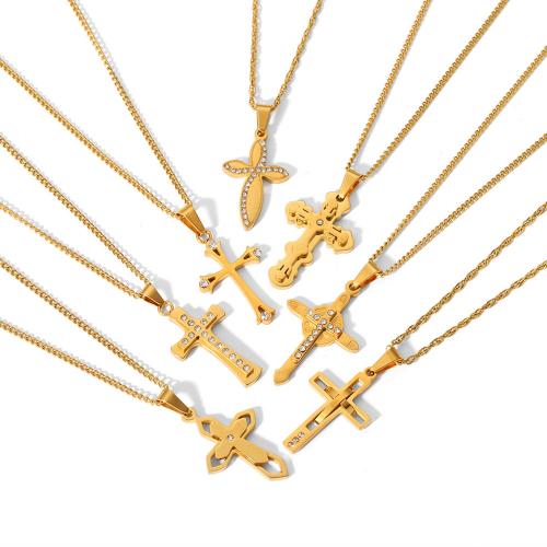 Edelstahl Schmuck Halskette, 304 Edelstahl, Kreuz, 18K vergoldet, Modeschmuck & verschiedene Stile für Wahl & für Frau, frei von Nickel, Blei & Kadmium, verkauft von PC