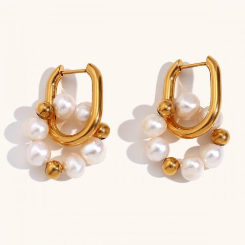 Huggie Hoop Drop Earring, 316L Stainless Steel, with Freshwater Pearl, Vacuum Ion Plating, for woman, golden, Sold By Pair