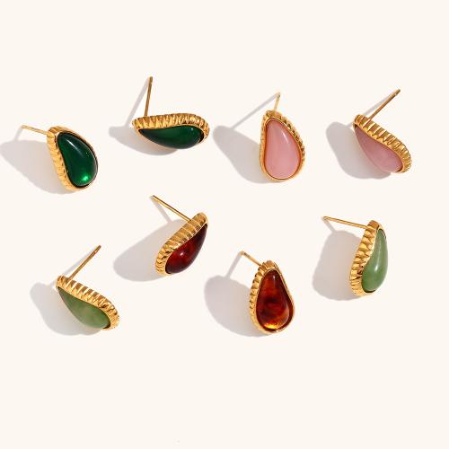 Stainless Steel Stud Earrings, 316L Stainless Steel, with Gemstone, Vacuum Ion Plating, for woman, more colors for choice, Sold By Pair