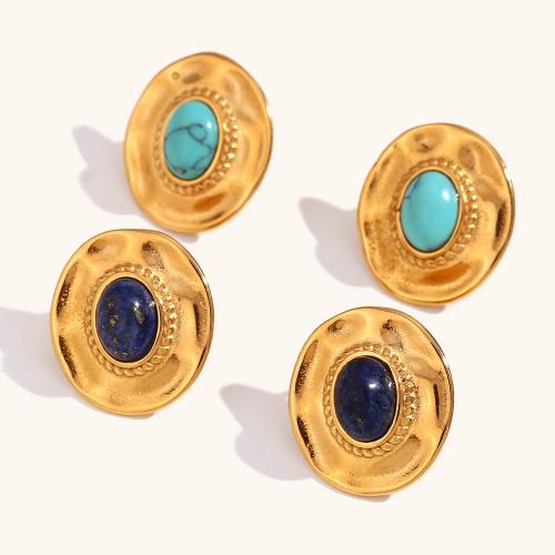 Stainless Steel Stud Earrings, 316L Stainless Steel, with Lapis Lazuli & turquoise, Vacuum Ion Plating, for woman, more colors for choice, Sold By Pair