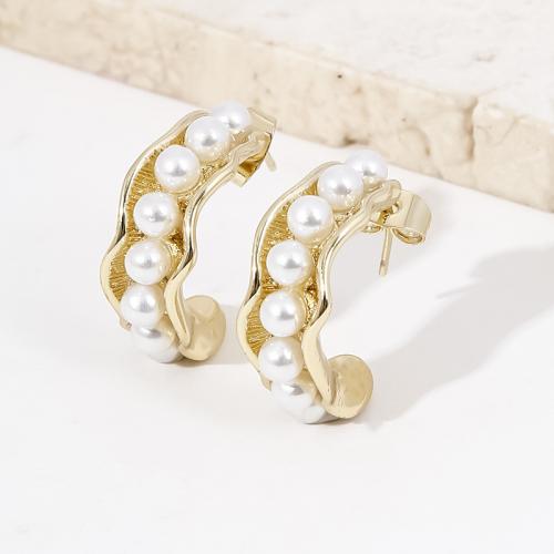 Brass Stud Earring, with Plastic Pearl, plated, for woman, golden, Sold By Pair