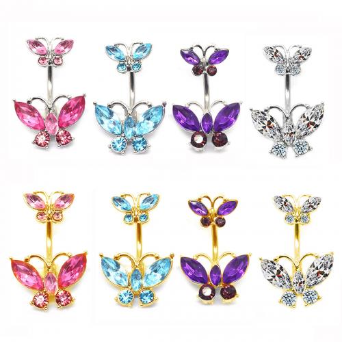 Zinc Alloy Belly Ring with Glass Rhinestone & 316 Stainless Steel Butterfly plated fashion jewelry & Unisex 32mm Sold By PC