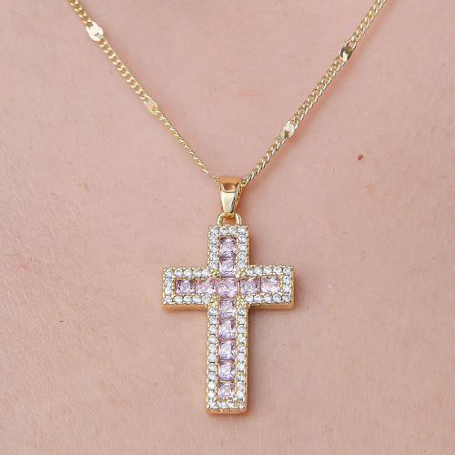 Cubic Zircon Micro Pave Brass Necklace Cross gold color plated fashion jewelry & micro pave cubic zirconia & for woman & enamel nickel lead & cadmium free Length Approx 45-50 cm Sold By PC