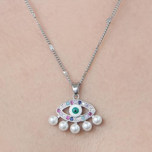 Evil Eye Jewelry Necklace Brass with Plastic Pearl platinum color plated fashion jewelry & micro pave cubic zirconia & for woman & hollow nickel lead & cadmium free Length Approx 45-50 cm Sold By PC